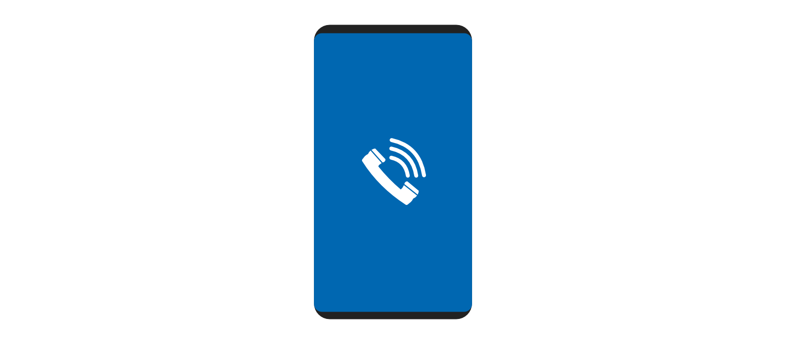 un smartphone sur fond blanc. L'écran est du même bleu que le logo de la société et au centre l'icône d'un téléphone avec des ondes.