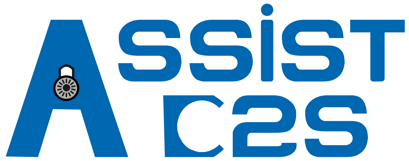 Le logo de la société, un grand A avec un cadenas gris et noir en son centre, à côté, 2 lignes de texte, le A est assez grand pour les englober. Le A sert pour Assist et pour AC2S, toutes les lettres sont en bleu foncé.